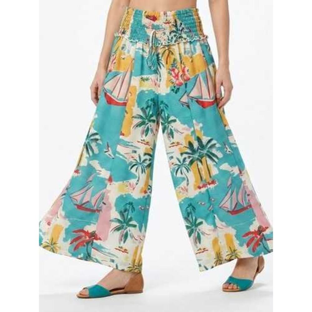 True Destinations Tropical Wide Leg Pants XL Sailboat Palm Tree Resort EUC